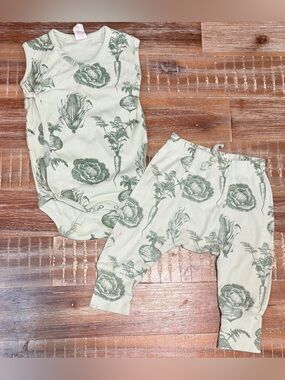 Kate Quinn Baby 2 piece bodysuit onesie and pants Green Garden Veggies 12-18m